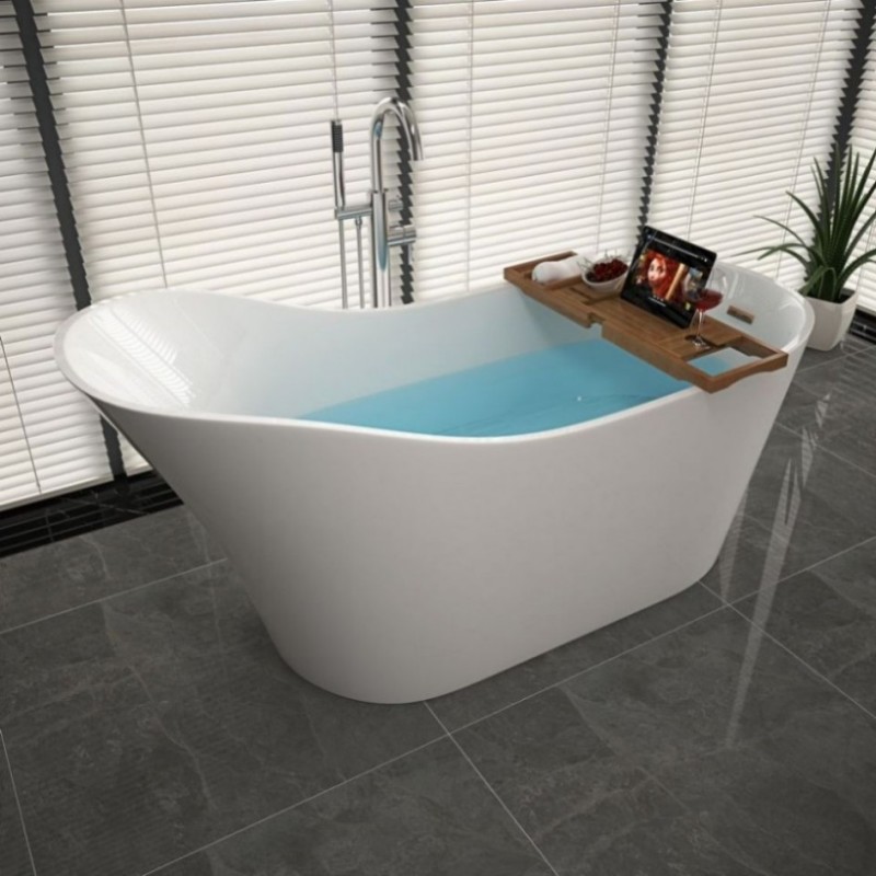 RL-MF1210 Freestanding soaking bathtub made of luster white acrylic with an overflow and polished chrome drain