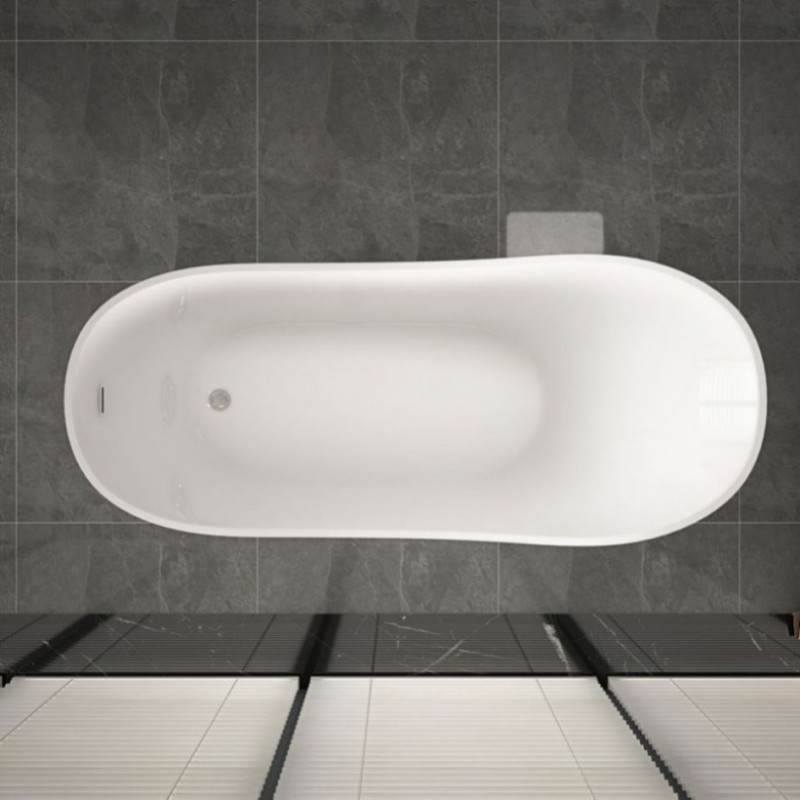 RL-MF1210 Freestanding soaking bathtub made of luster white acrylic with an overflow and polished chrome drain