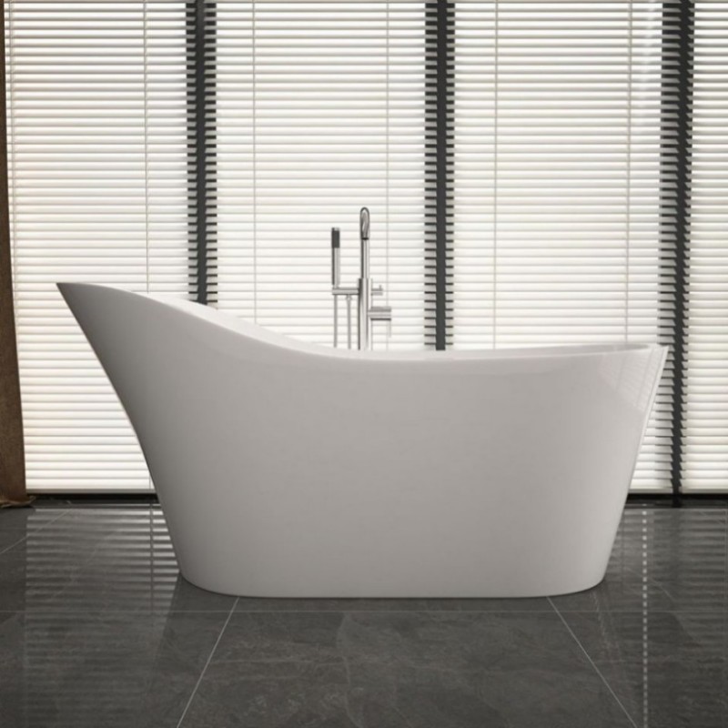 RL-MF1210 Freestanding soaking bathtub made of luster white acrylic with an overflow and polished chrome drain