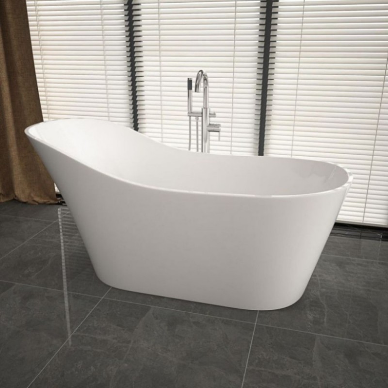 RL-MF1210 Freestanding soaking bathtub made of luster white acrylic with an overflow and polished chrome drain