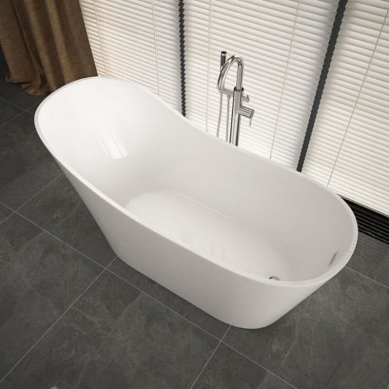 RL-MF1210 Freestanding soaking bathtub made of luster white acrylic with an overflow and polished chrome drain