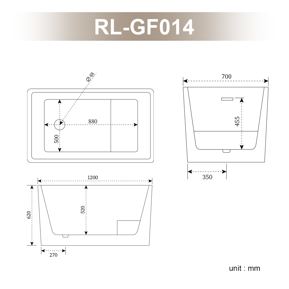 RL-GF014 47" Acrylic Freestanding Bathtubs Square Shaped Japanese Soaking Tub Stand Alone Tubs Drain Slotted Overflow