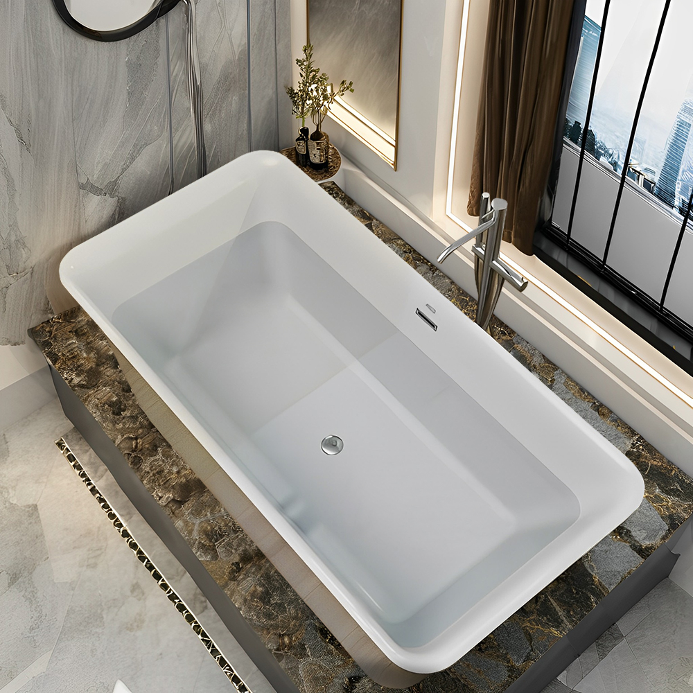 RL-GF030 59" x 30" Acrylic Rectangular Freestanding Bathtub Contemporary Soaking White Tub with Brushed Nickel Overflow Pop-up Drain cUPC Certified