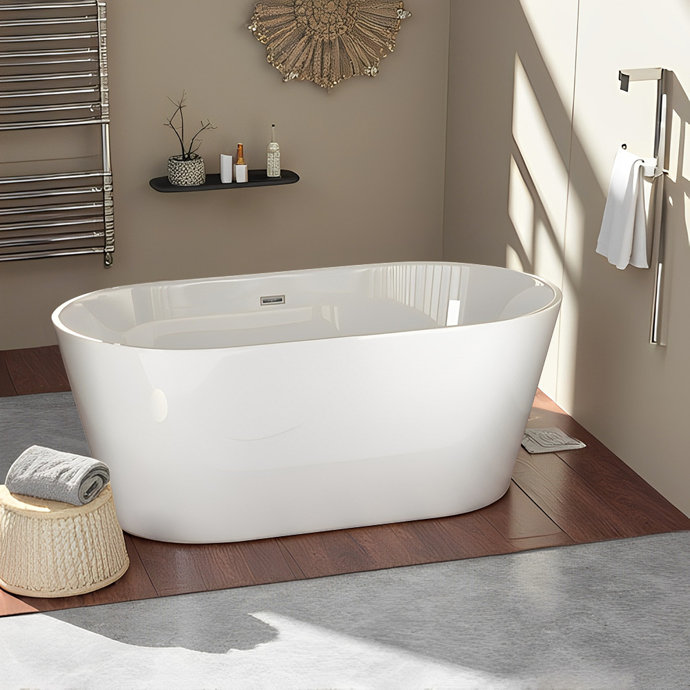 RL-GF007 60'' Freestanding Gloss White Acrylic Soaking Bathtub with Toe-Tap Chrome Drain and Classic Slotted Overflow