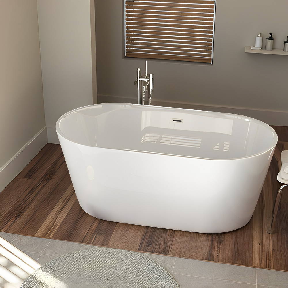 RL-GF007 60'' Freestanding Gloss White Acrylic Soaking Bathtub with Toe-Tap Chrome Drain and Classic Slotted Overflow