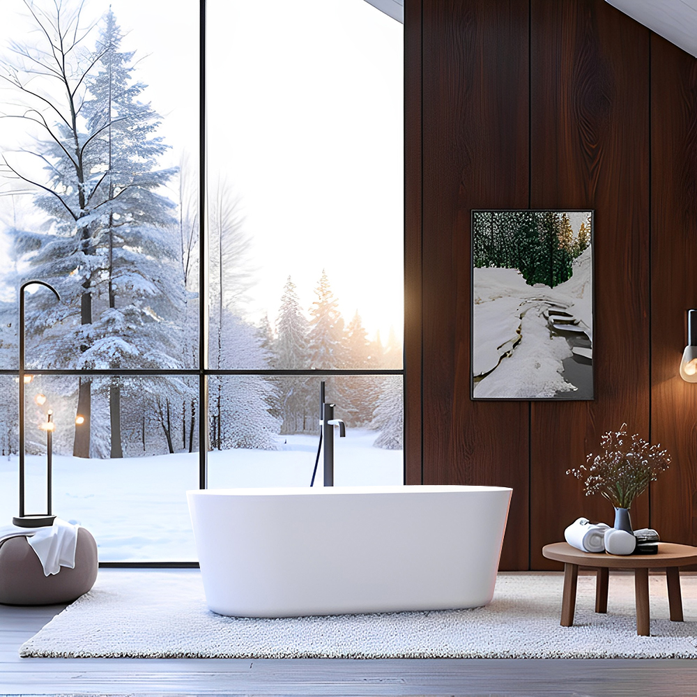 RL-GF007 60'' Freestanding Gloss White Acrylic Soaking Bathtub with Toe-Tap Chrome Drain and Classic Slotted Overflow