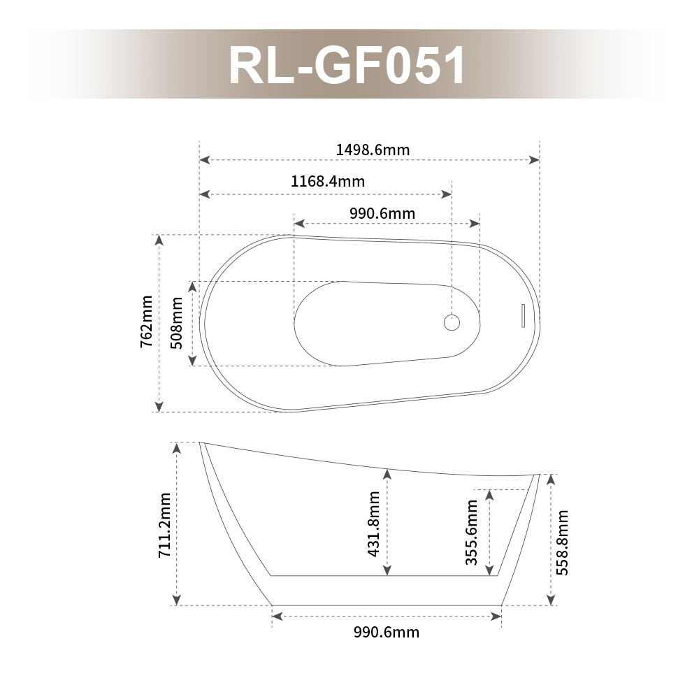 RL-GF051 60" Acrylic Freestanding Soaking Bathtub with Chrome Overflow and Drain cUPC Certified Glossy White