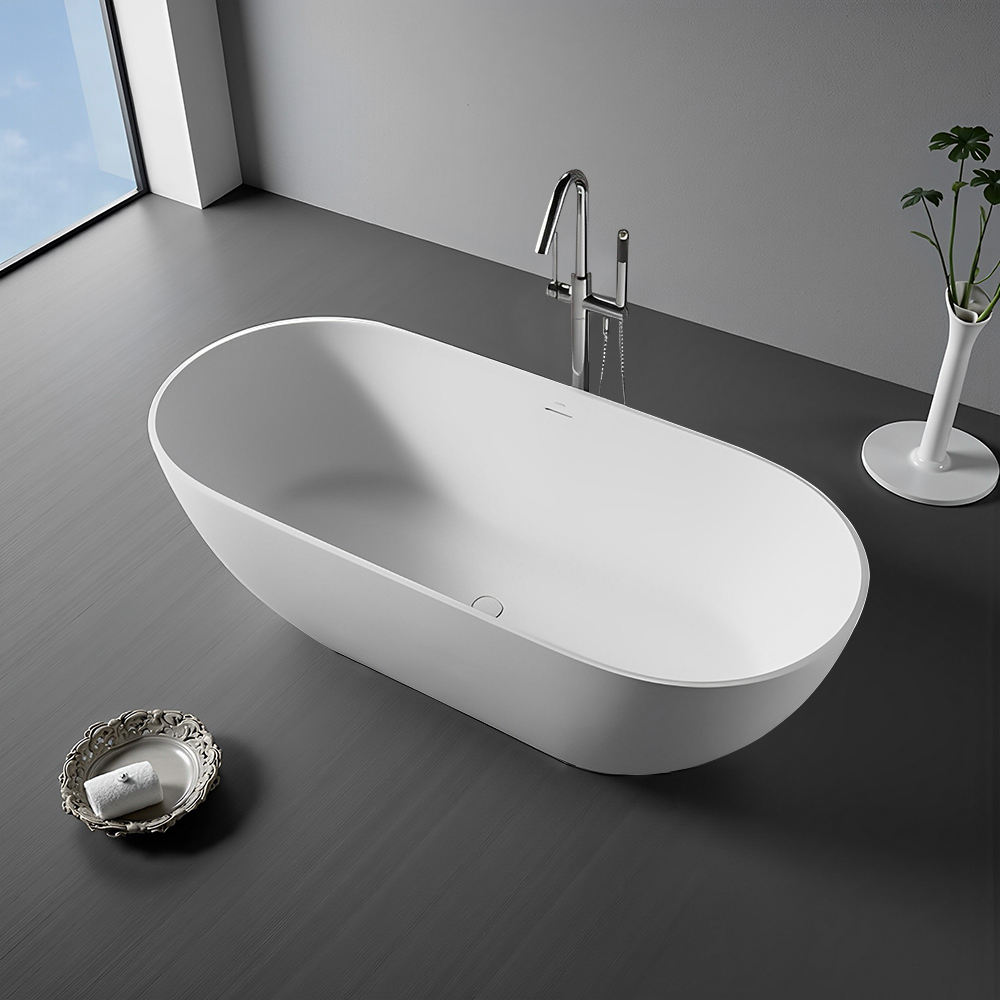 RL-GF053 59'' Single Slipper Tub Solid Surface Stone Resin Freestanding Soaking Bathtub Comfortable Backrest