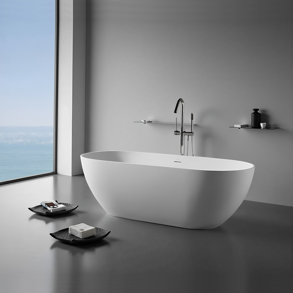 RL-GF053 59'' Single Slipper Tub Solid Surface Stone Resin Freestanding Soaking Bathtub Comfortable Backrest