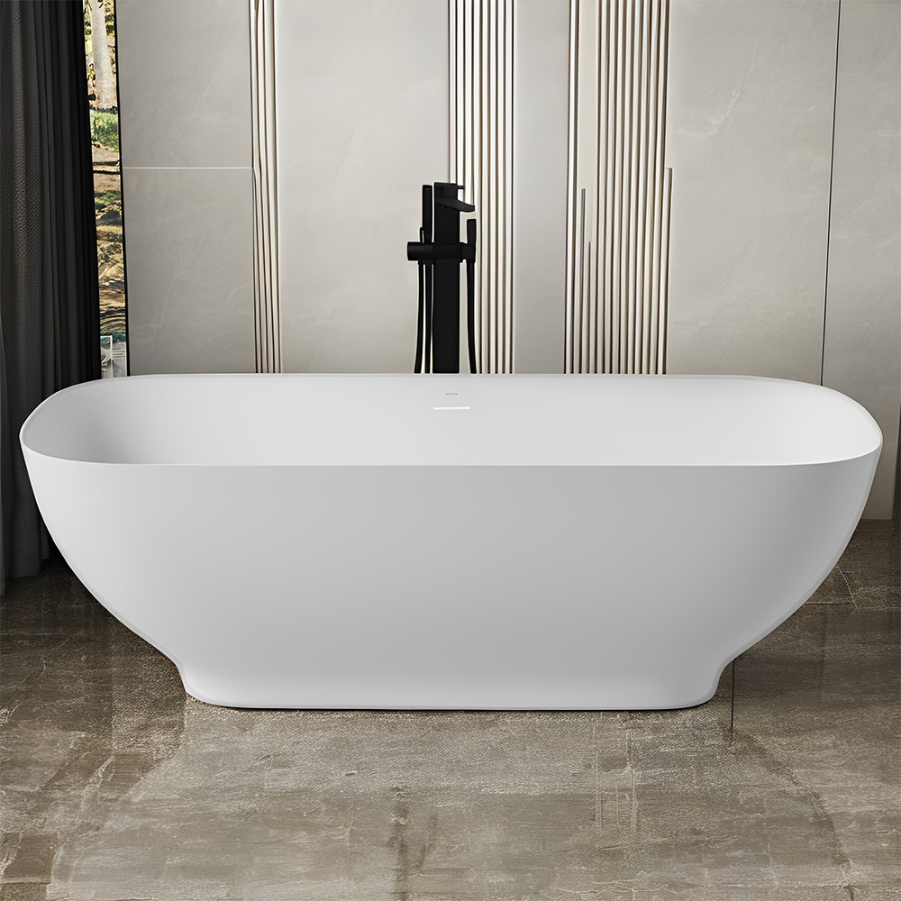 RL-GF109 63 in. Stone Resin Flatbottom Solid Surface Freestanding Soaking Bathtub in White with Brass Drain