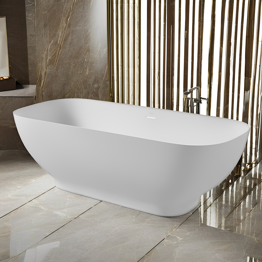 RL-GF109 63 in. Stone Resin Flatbottom Solid Surface Freestanding Soaking Bathtub in White with Brass Drain