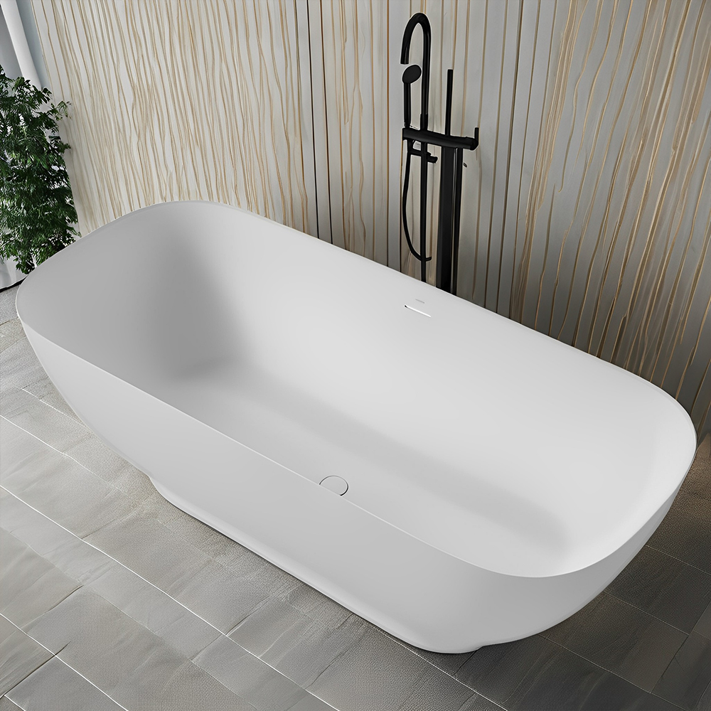 RL-GF109 63 in. Stone Resin Flatbottom Solid Surface Freestanding Soaking Bathtub in White with Brass Drain