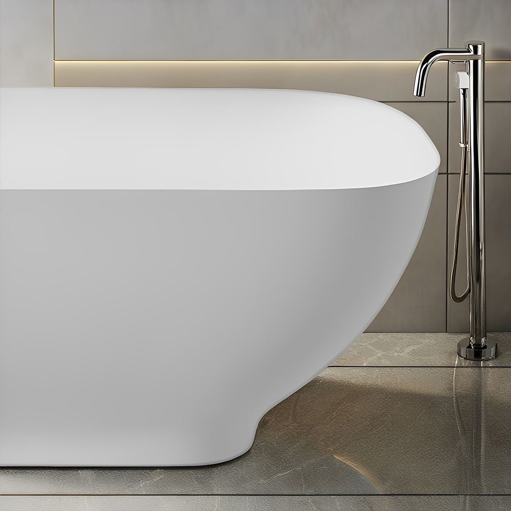 RL-GF109 63 in. Stone Resin Flatbottom Solid Surface Freestanding Soaking Bathtub in White with Brass Drain