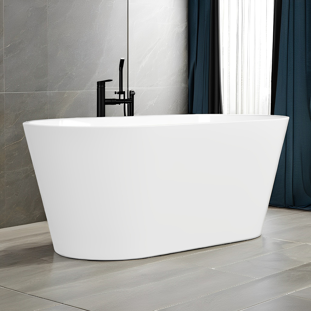 RL-GF002 59" Acrylic Freestanding Bathtub, Modern & Contemporary Design Soaking Tub with Toe-tap Drain in Chrome and Classic Slotted Overflow Glossy White cUPC Certified